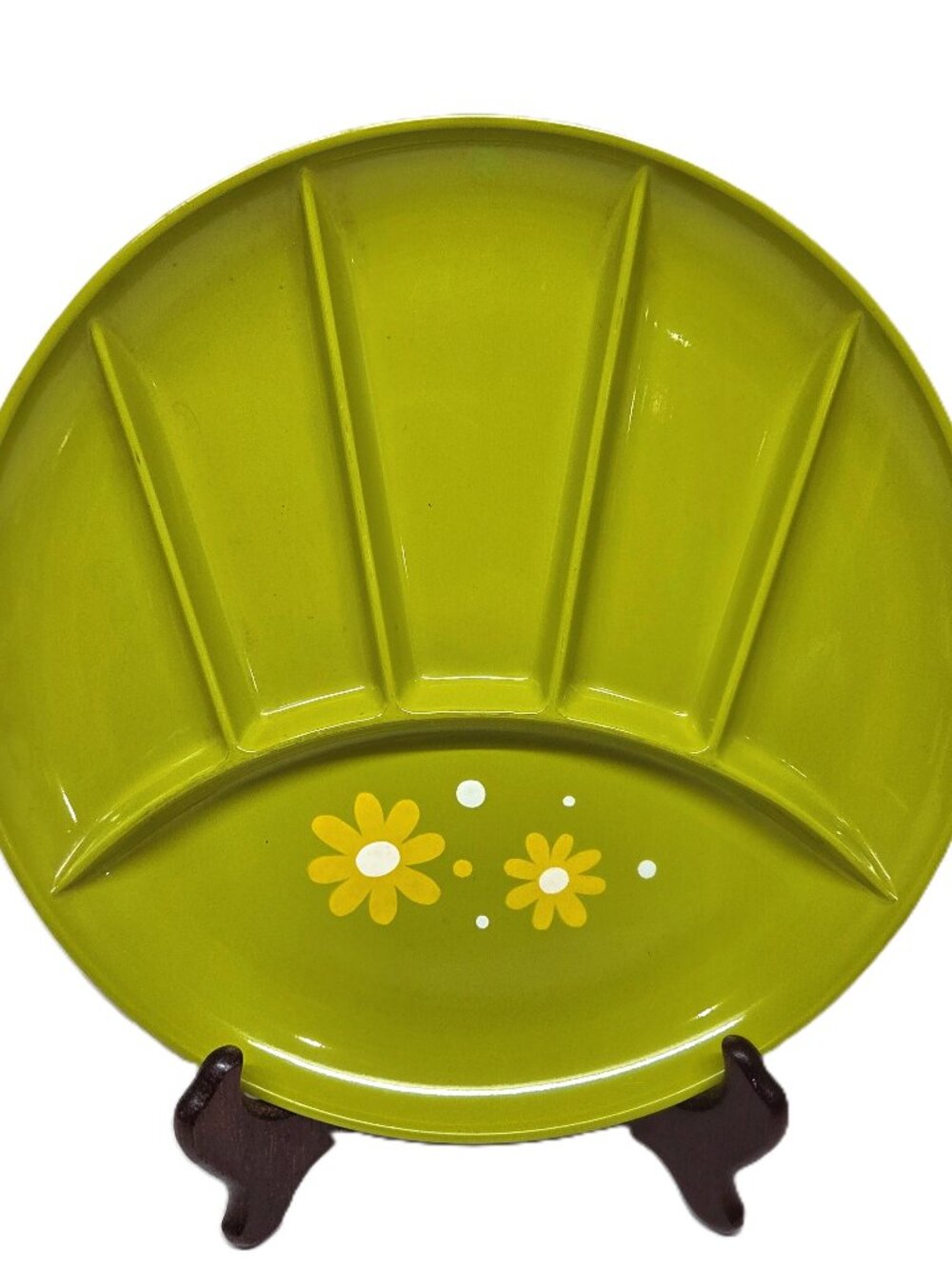 Vintage Takahashi Green Daisy Melamine Plate Divided Sushi Fondue 9" Retro